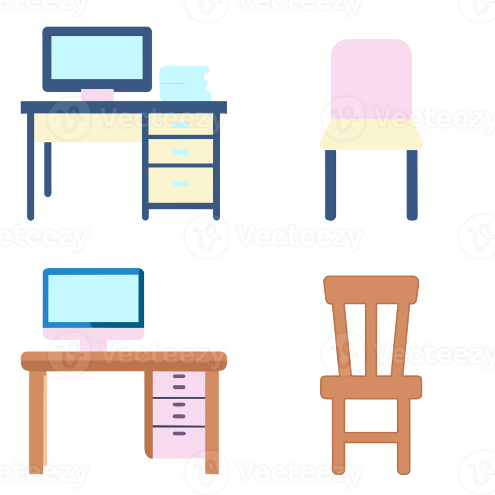 Icon set working place table desk and chair with computer elevation office png