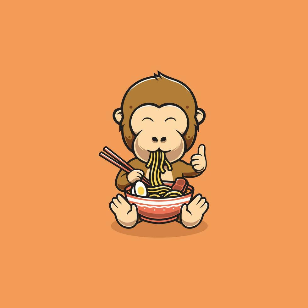 Cute monkey eating ramen cartoon illustration vector