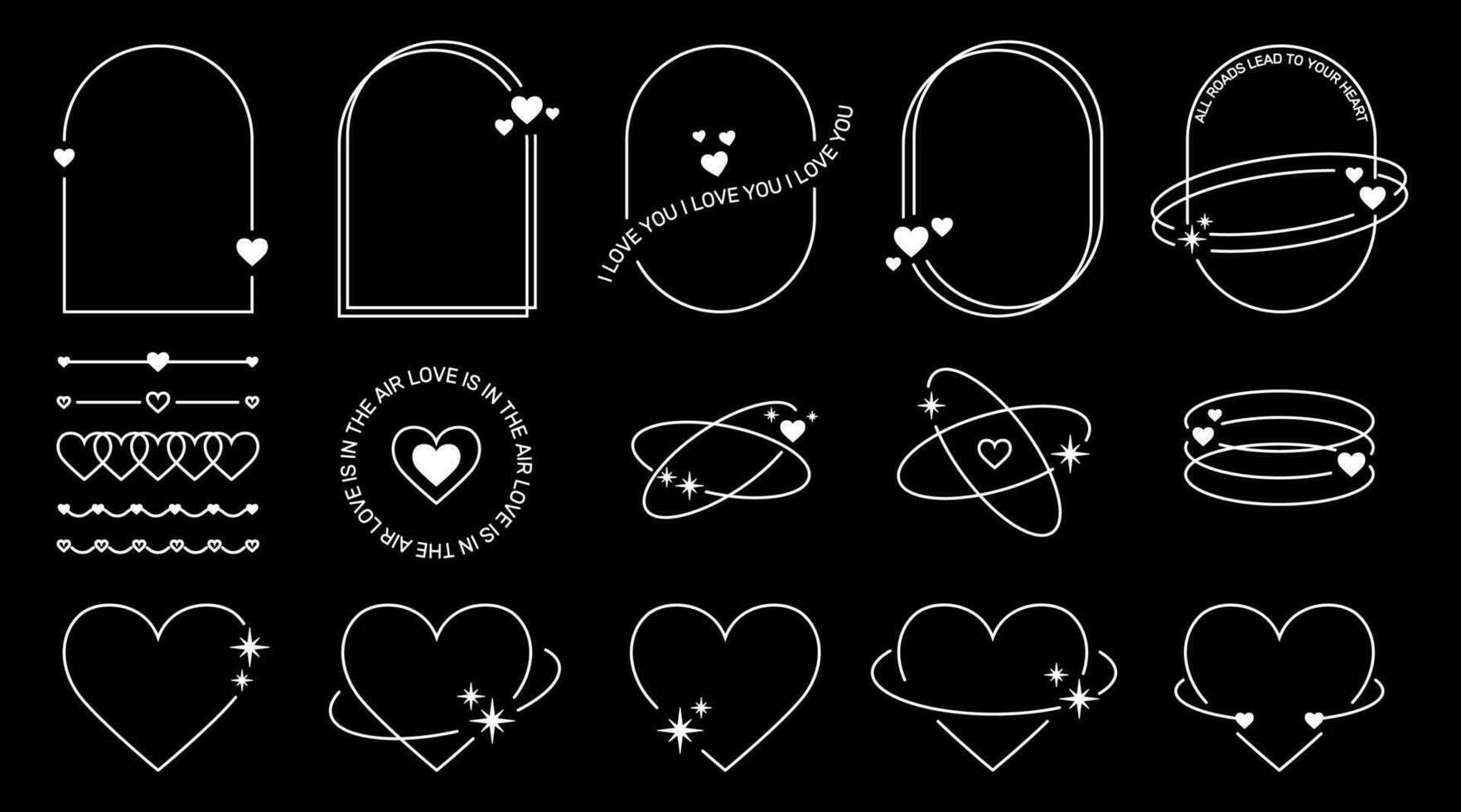 Set of Valentine Day graphic retro white outline frames in Y2K aesthetics, picture borders with hearts and sparkles, holiday decorations, stickers, backgrounds, vector illustration.