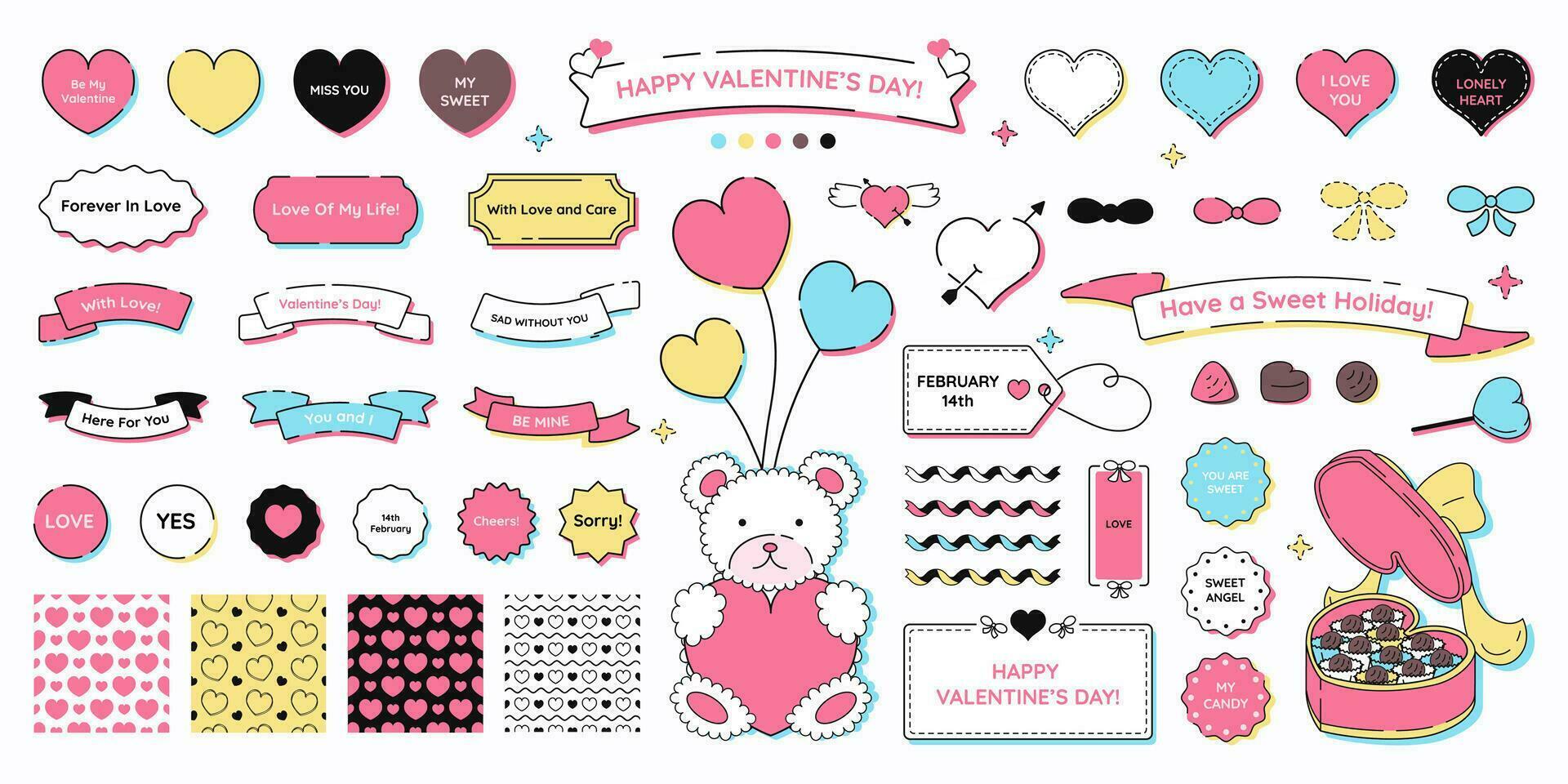 Valentine's Day design elements, set of decorative drawings with holiday symbols and abstract frames, sticker pack. Vector illustration.