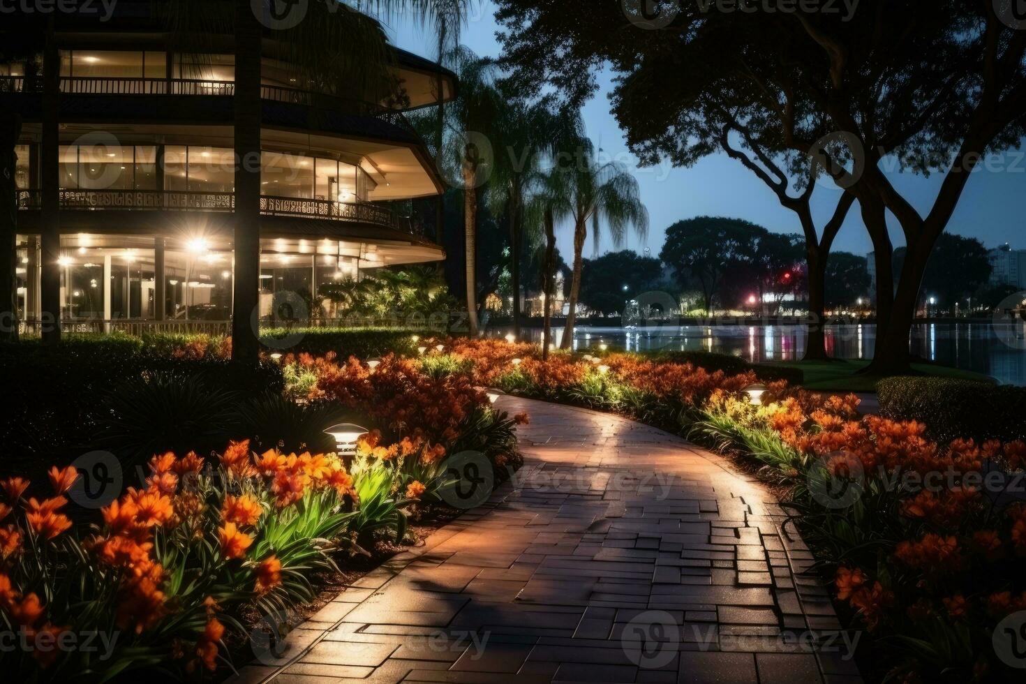a park in a bustling city with wide open space flower fields AI Generated photo