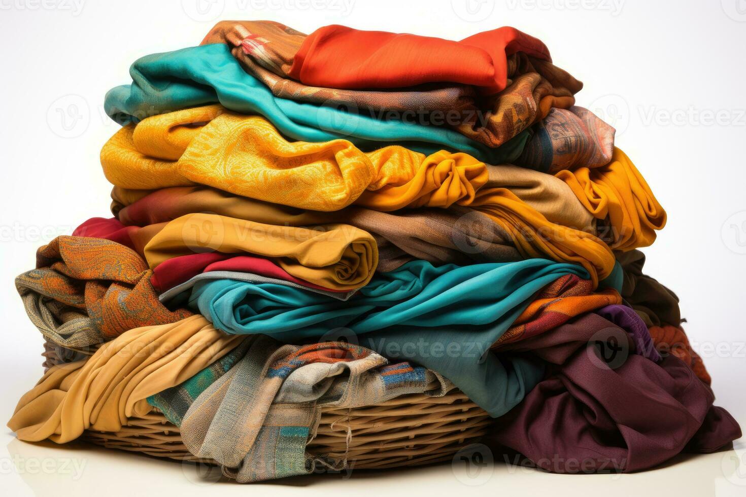 Pile of dirty clothes and Wicker basket with dirty laundry professional advertising photography AI Generative photo