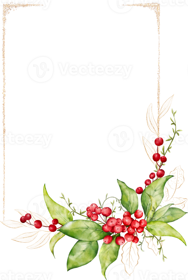 Christmas card watercolor berries and leaves on gold frame png