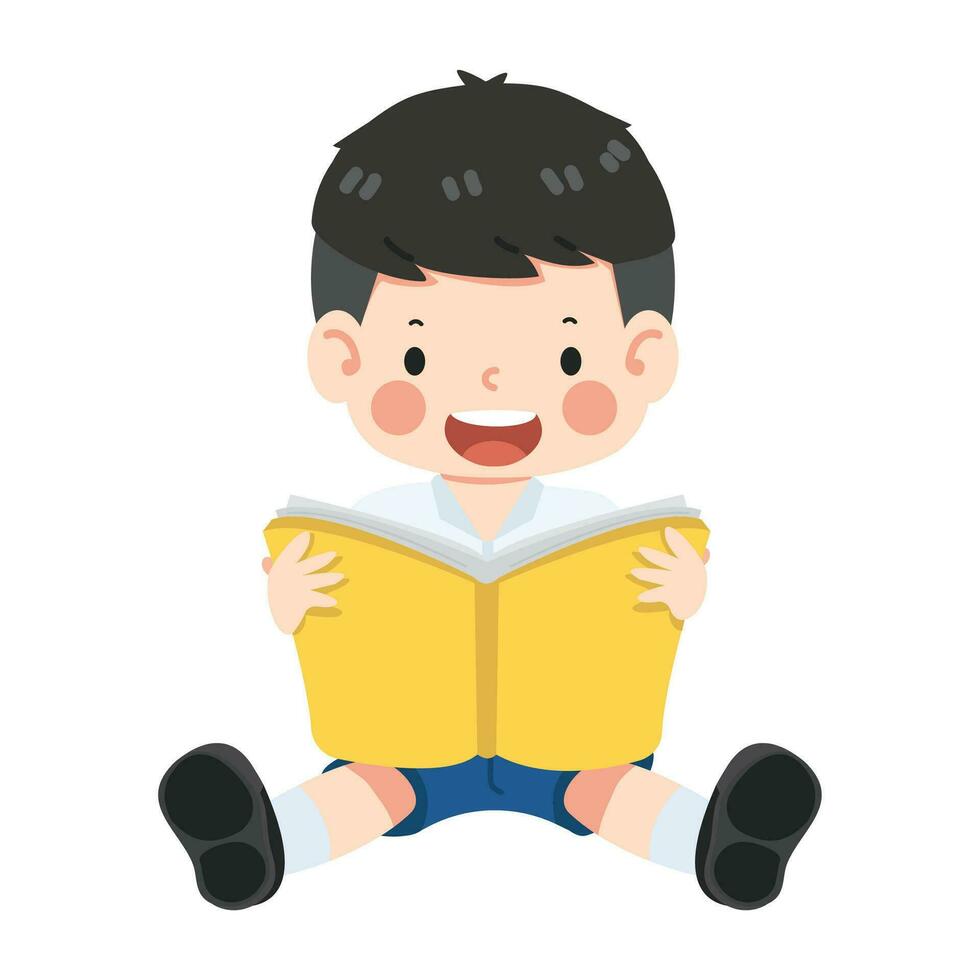 Kid boy student sitting read book vector