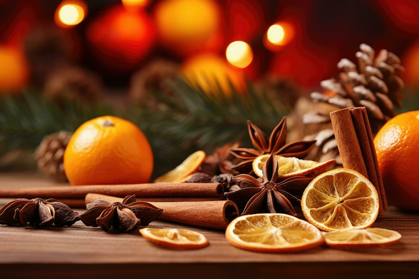 Spices, cinnamon and orange for Christmas mulled wine, blurred background with lights. Generative AI photo