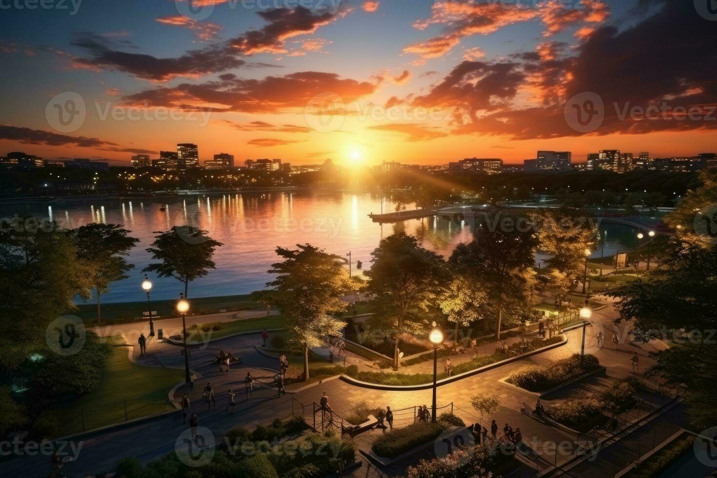 a park in a bustling city with wide open space flower fields AI Generated photo