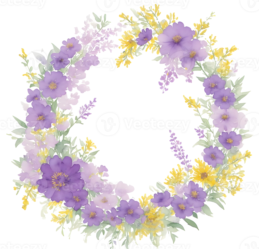 Purple and yellow flower wreath, AI Generative png