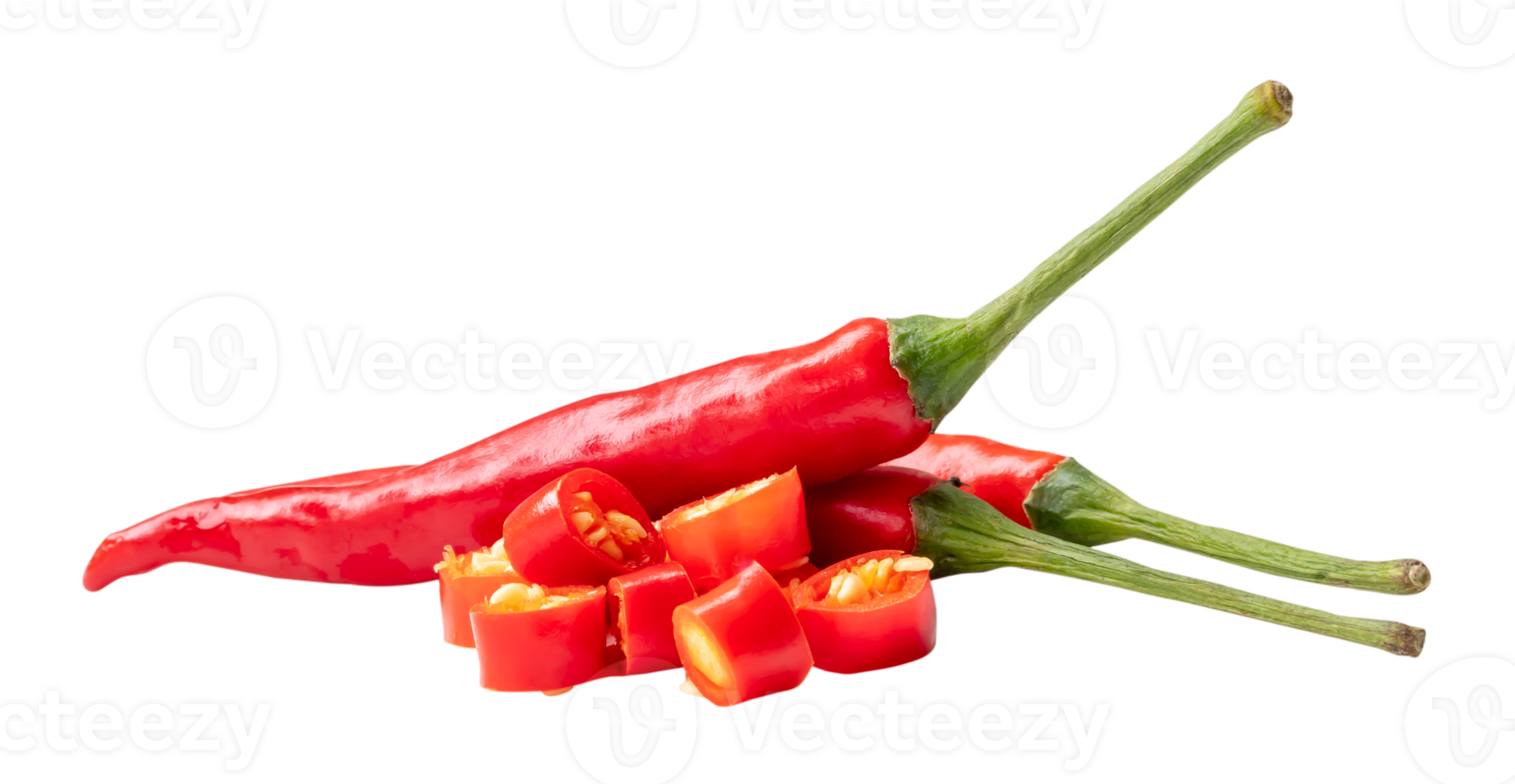 Front view of fresh red chili or peppers with slices or pieces isolated with clipping path in png file format. Hot spices
