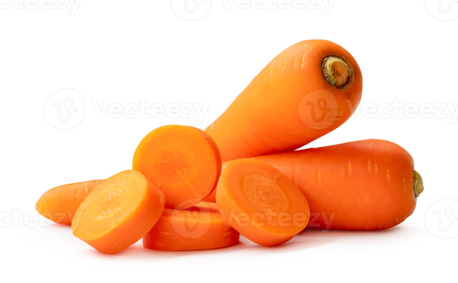 Two fresh orange carrots with slices in stack isolated with clipping path and shadow in png file format Close up of healthy vegetable root