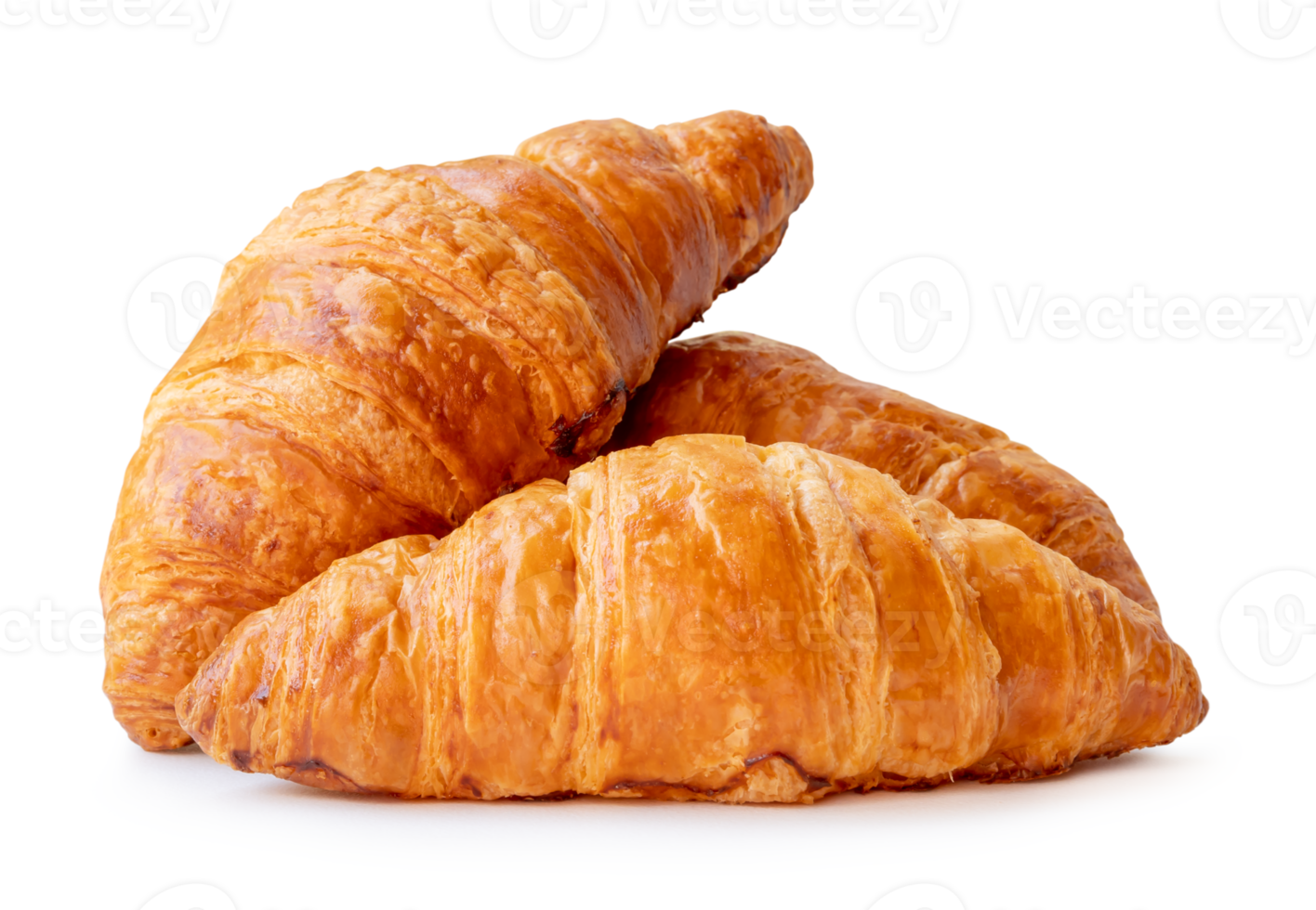 three pieces of croissant in stack isolated with clipping path and shadow in png file format