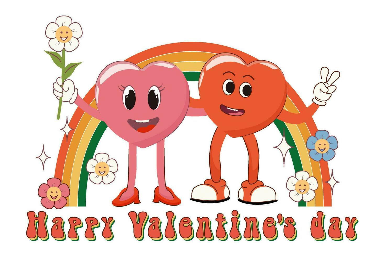 Retro cartoon poster with funny characters. Happy Valentine's Day. Retro style 60s 70s. vector