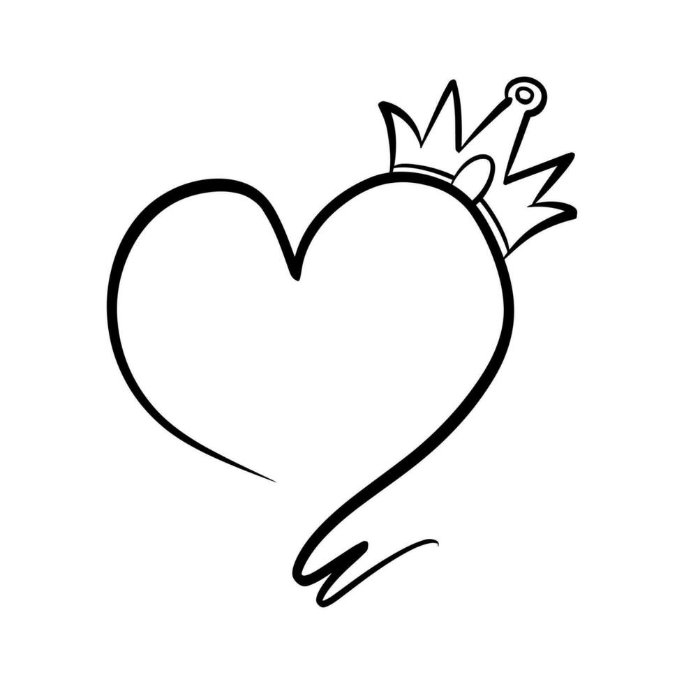 Heart doodle, Love with crown, Vector Illustration.