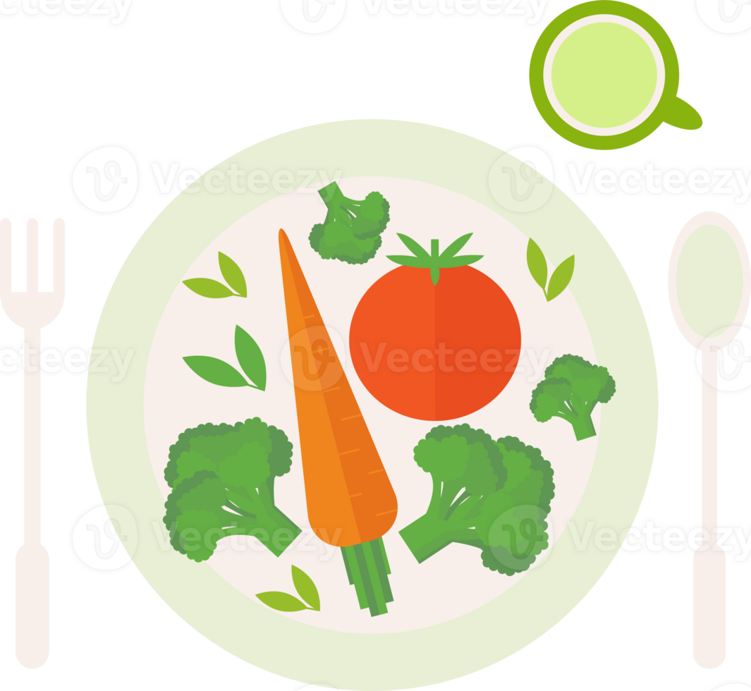 assiette avec des légumes prêt pour cuisine et une verre, fourchette, cuillère sur le tableau, plat illustration png