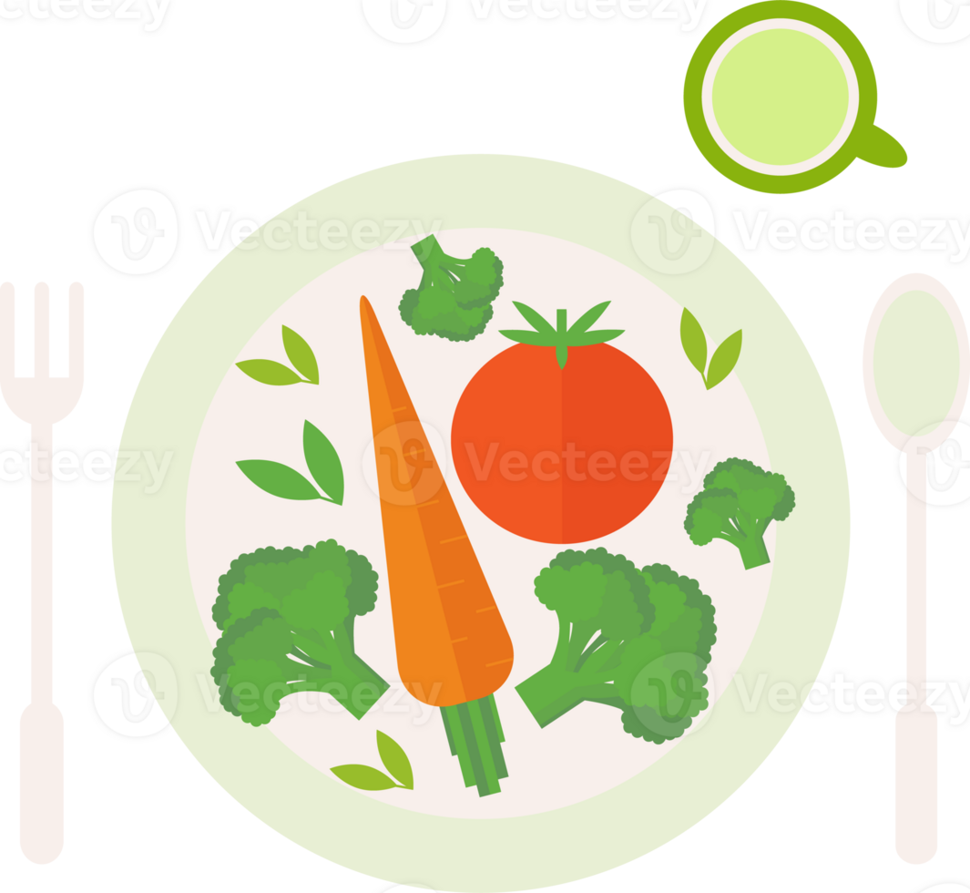 Plate with vegetables ready for cooking and a glass, fork, spoon on the table, flat illustration png