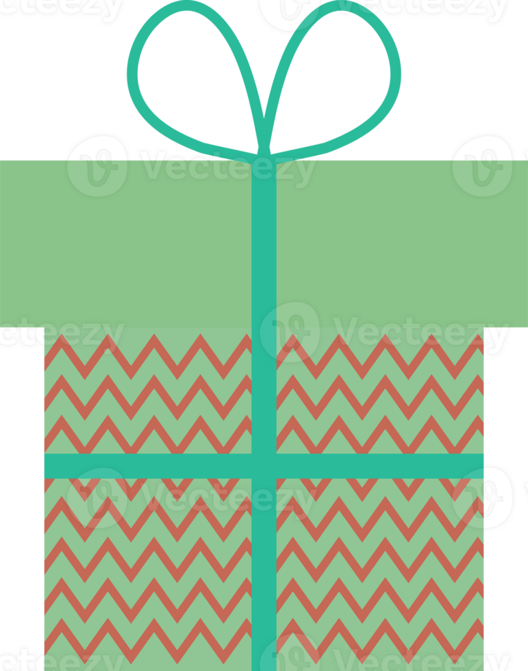 Green and pink gift box with ribbon and bow and zigzag pattern, flat icon png