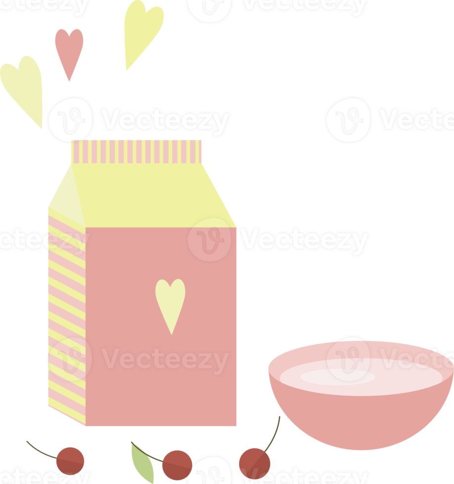 Illustration with a package of milk or yogurt, a bowl and cherries on the table in flat png