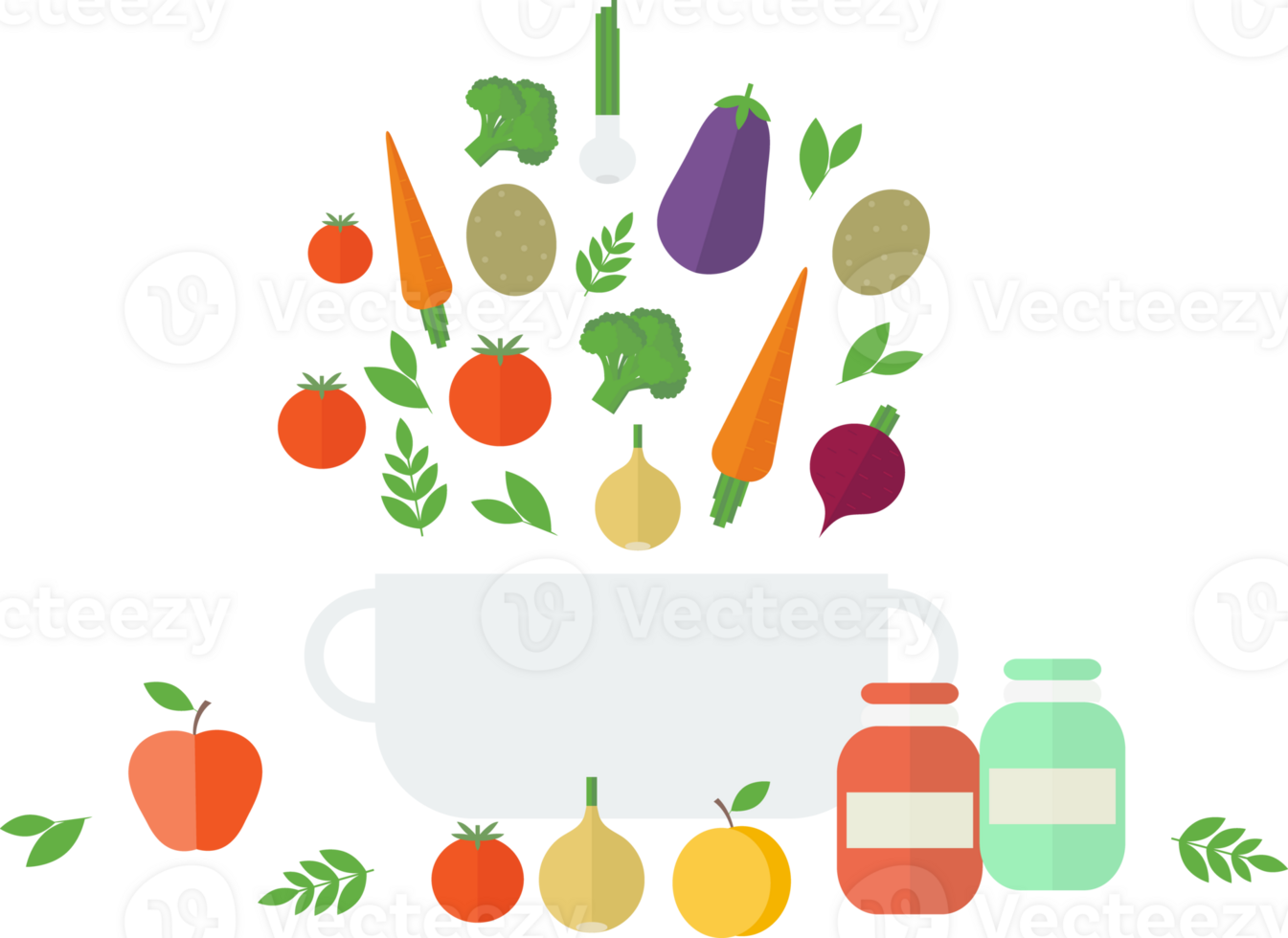 Cooking dishes from vegetables, saucepan and spices standing on a table with fruits and leaves in flat png