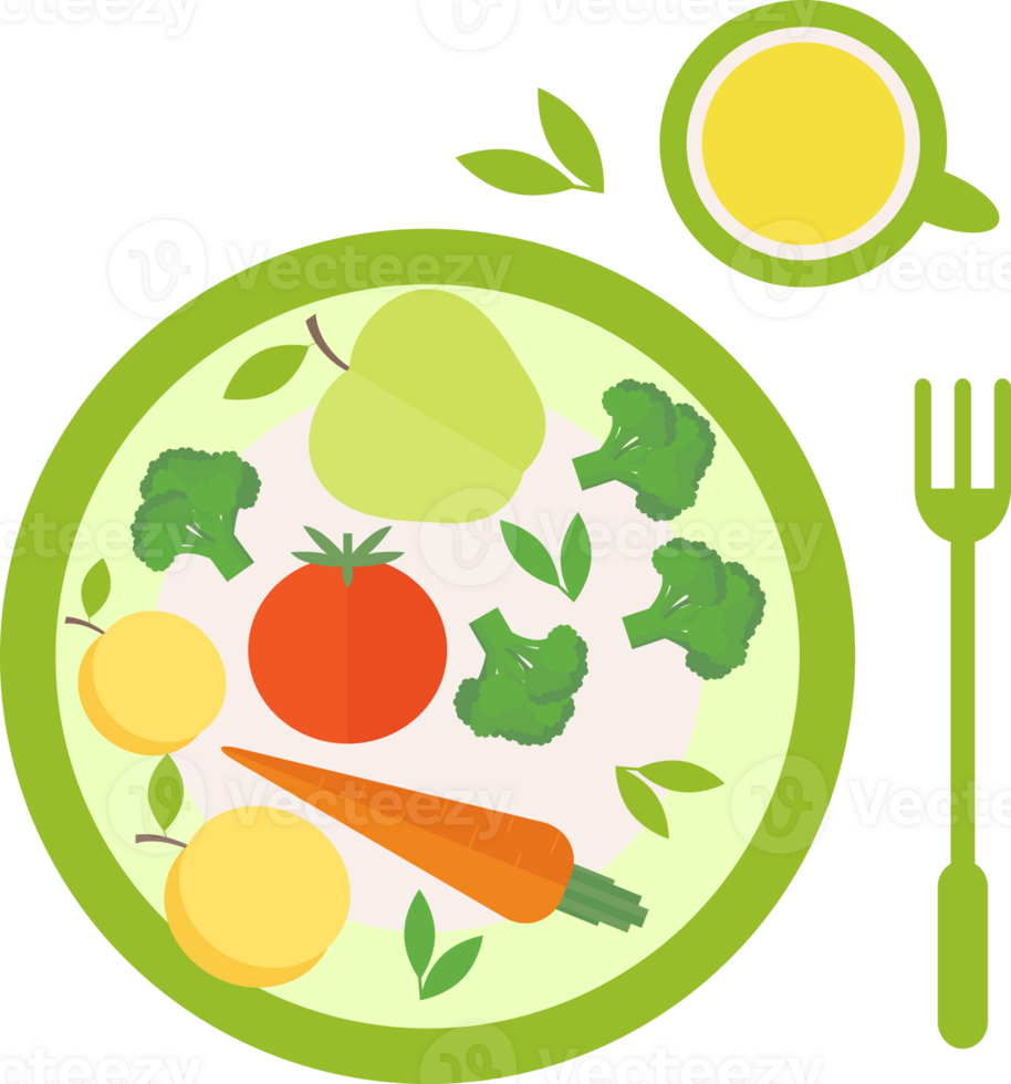A plate with vegetables and fruits standing on the table and a fork, juice in a glass in flat png