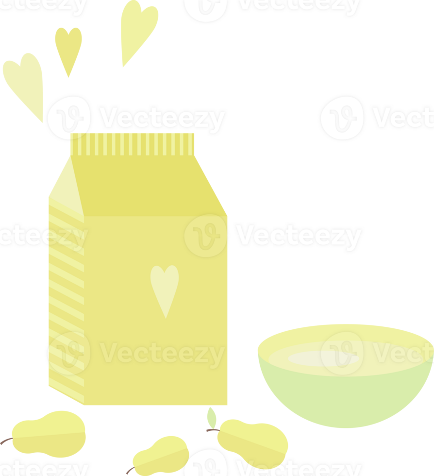 Illustration with a yellow package of milk or yogurt, a bowl and pears on the table in flat png