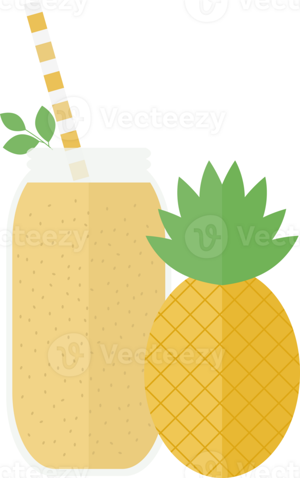 Smoothie or juice in a glass bottle with a straw for a cocktail and green leaves, pineapple on a table in a flat png