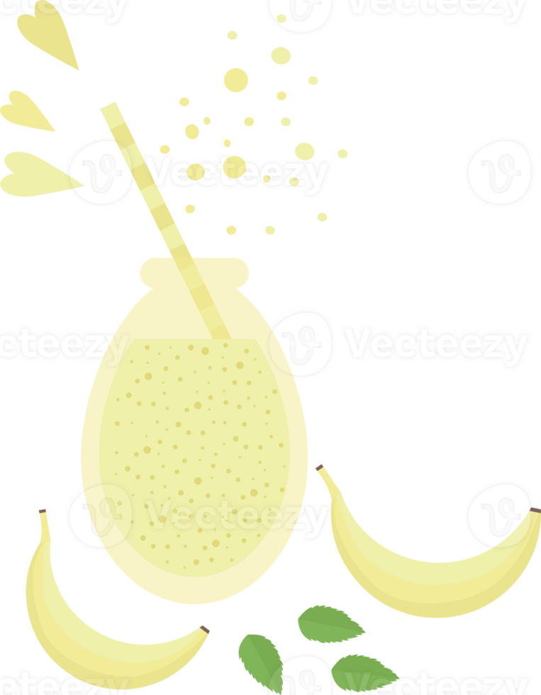 Yellow smoothie or juice in a glass bottle with a straw for cocktail and bananas, mint, hearts in flat png