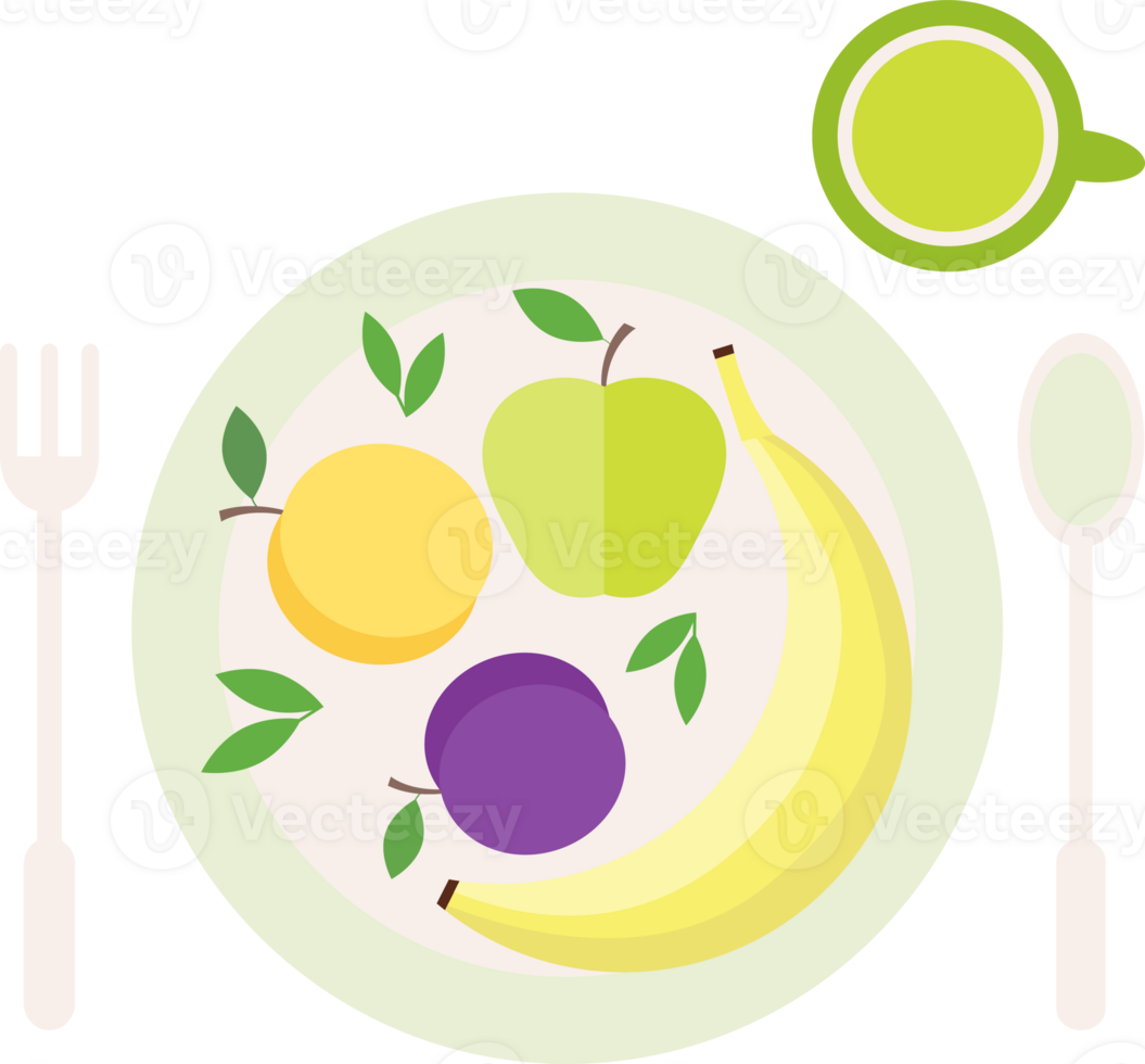 A plate with fruits on the table and a spoon, fork, juice in a cup, green leaves in flat png