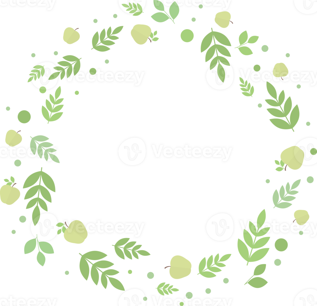 Round frame of apples and green leaves and twigs in flat png