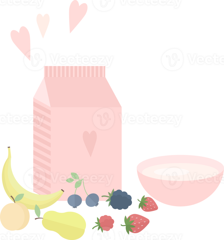 Illustration with a pink package of milk or yogurt, a bowl, fruits and berries on the table in flat png