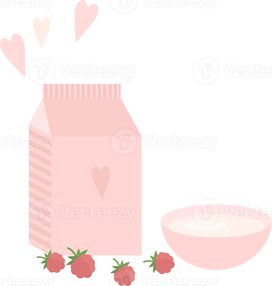 Illustration with a pink package of milk or yogurt, a bowl and rasberries on the table in flat style png