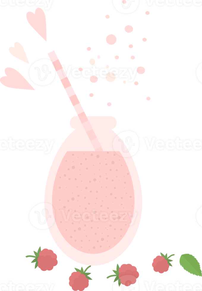 Pink smoothie or juice in a glass bottle with a straw for cocktail and raspberries, mint, hearts in flat png