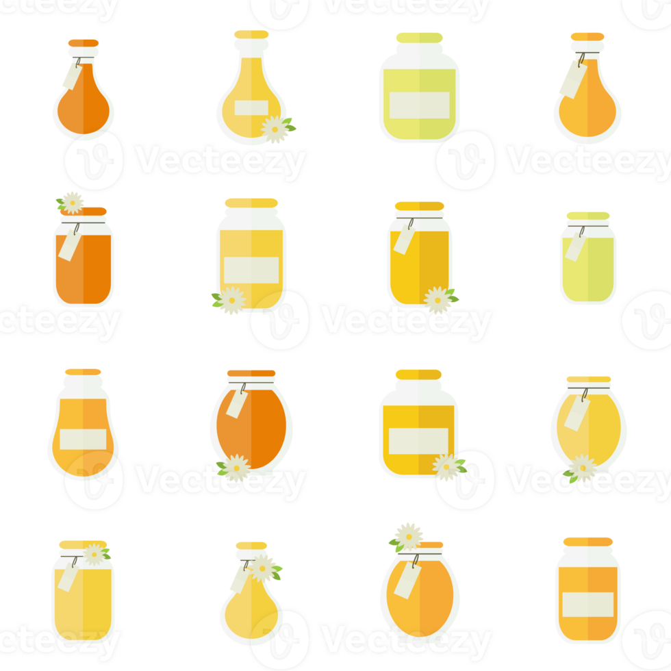 Seamless pattern with glass jars of honey or juice and flowers in flat png