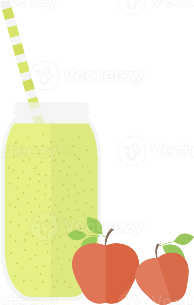 Smoothie or juice in a glass bottle with a straw for a cocktail and red apples on a table in a flat png
