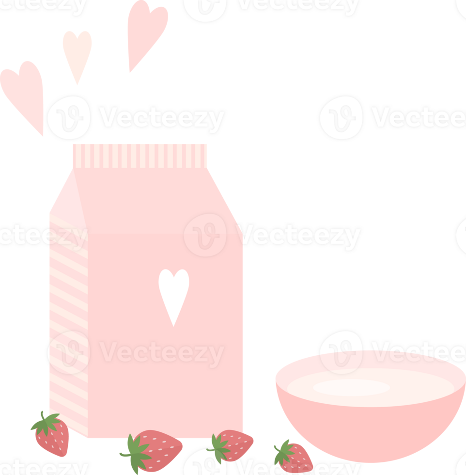 Illustration with a pink package of milk or yogurt, a bowl and strawberries on the table in flat png