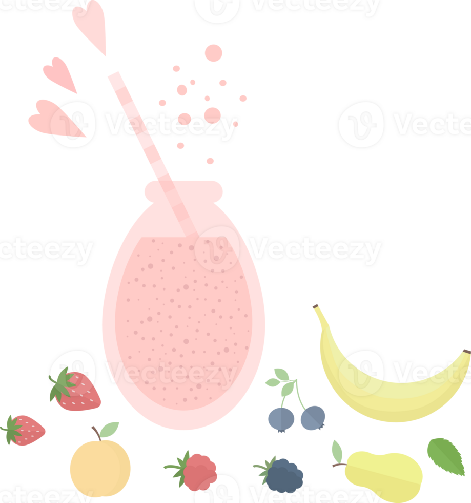 Pink smoothie or juice in a glass bottle with a straw for a cocktail, fruits and berries, hearts in flat png