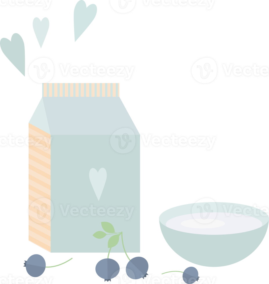 Illustration with a blue package of milk or yogurt, a bowl and blueberries on the table in flat png