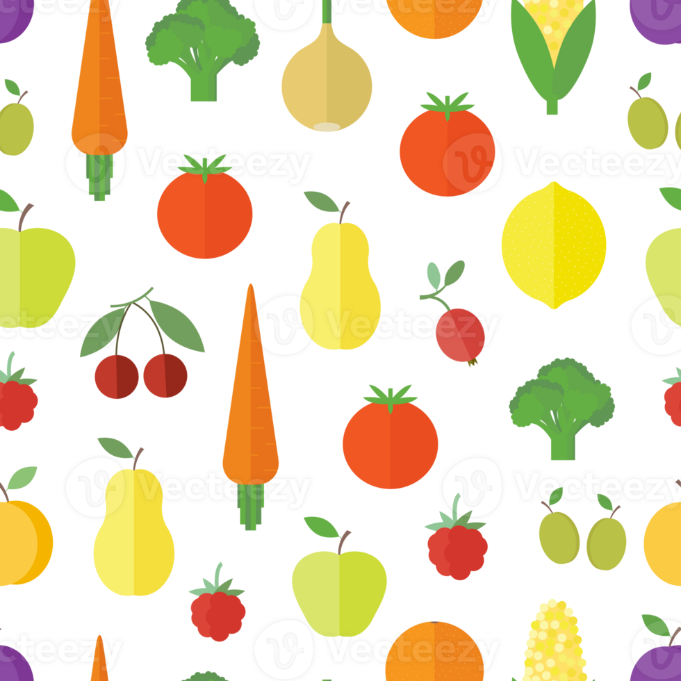 Seamless pattern with fruits, vegetables and berries in flat png