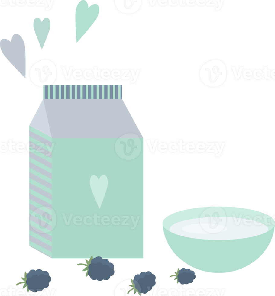 Illustration with a blue package of milk or yogurt, a bowl and blackberries on the table in flat png