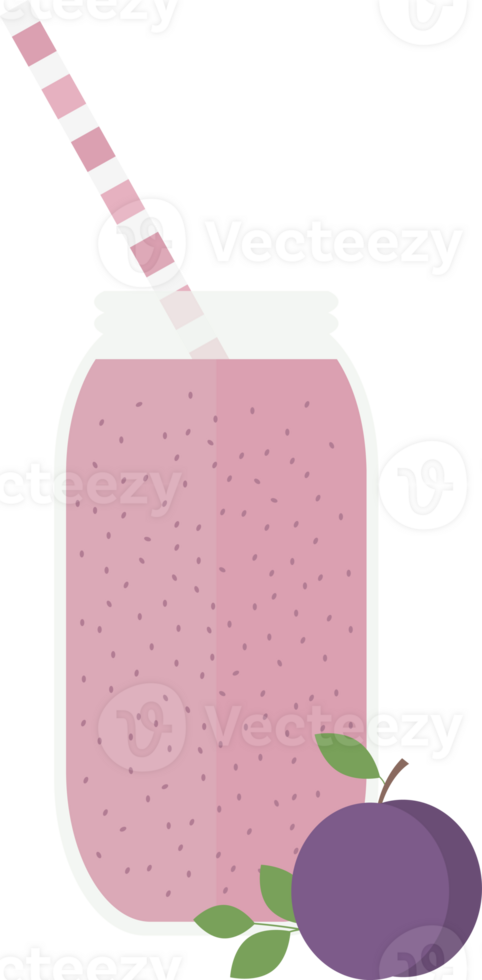Smoothie or juice in a glass bottle with a straw for a cocktail and plum on a table in a flat png