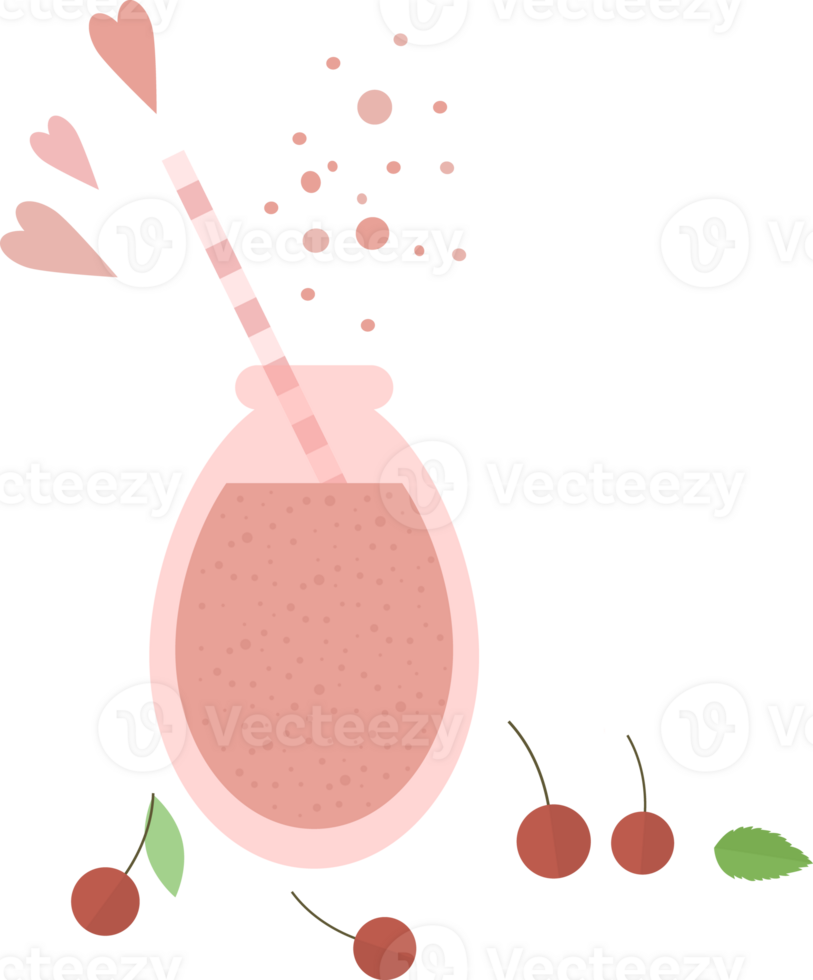 Pink smoothie or juice in a glass bottle with a straw for cocktail and cherries, mint, hearts in flat style png