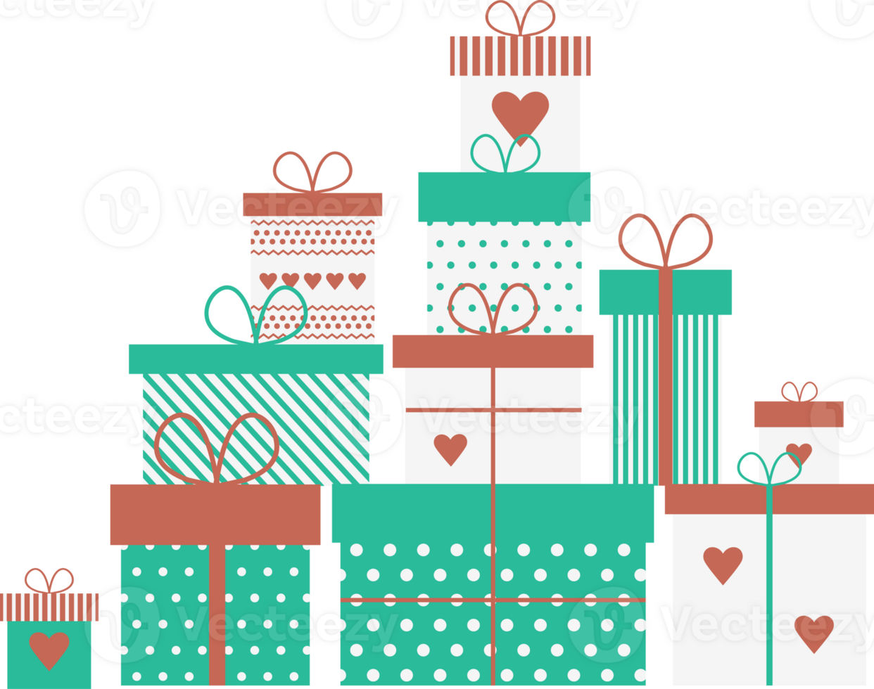 Flat illustration of a group of white-pink-blue gift boxes with hearts standing on top of each other png