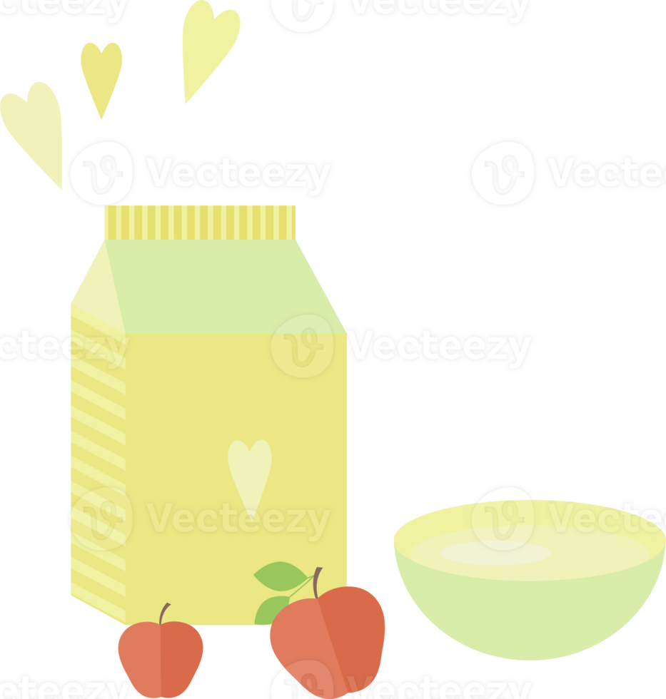Illustration with a yellow package of milk or yogurt, a bowl and red apples on the table in flat png