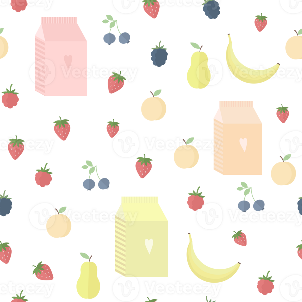 Seamless cute pattern with packs of milk, yogurt and fruits, berries in flat png