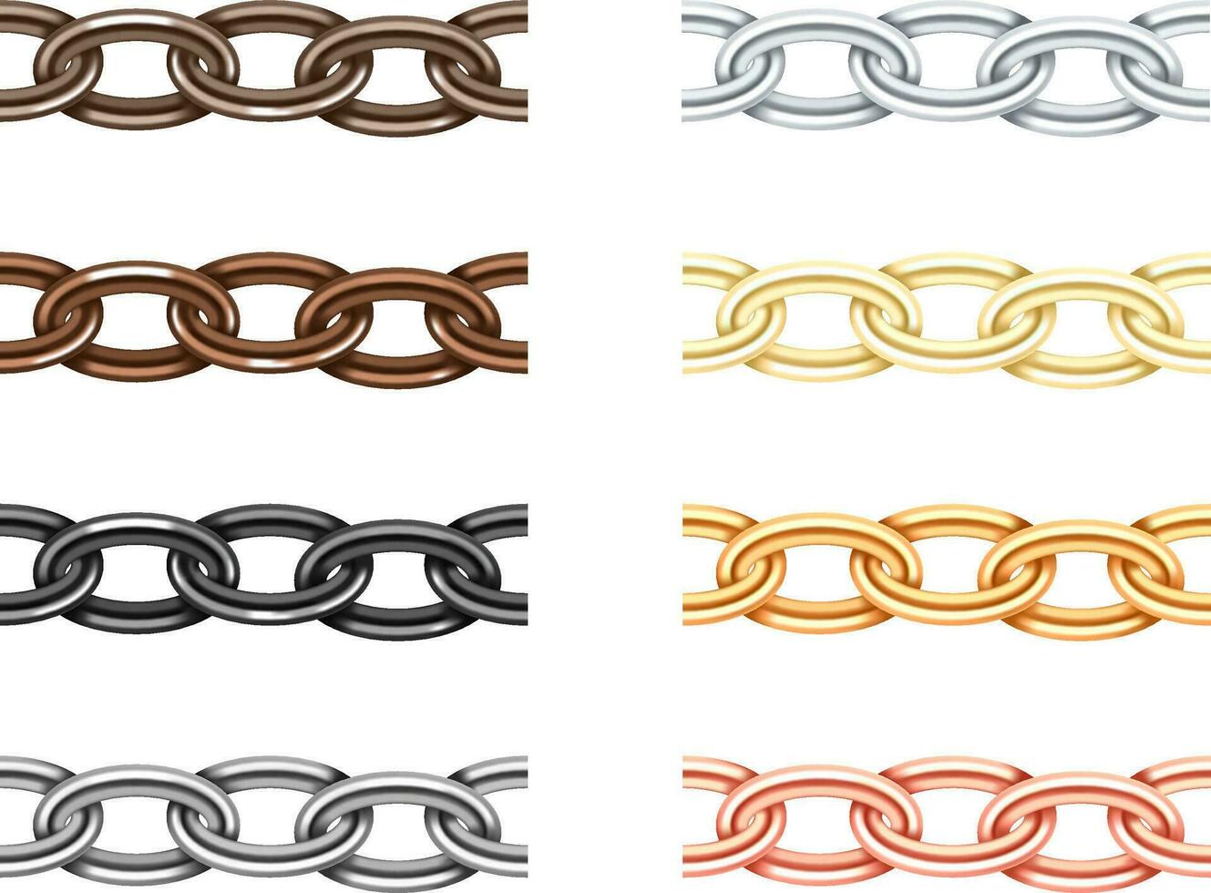 Big collection different metal chain seamless texture. Silver, gold, platinum, iron, copper color chains link set isolated on white background. vector
