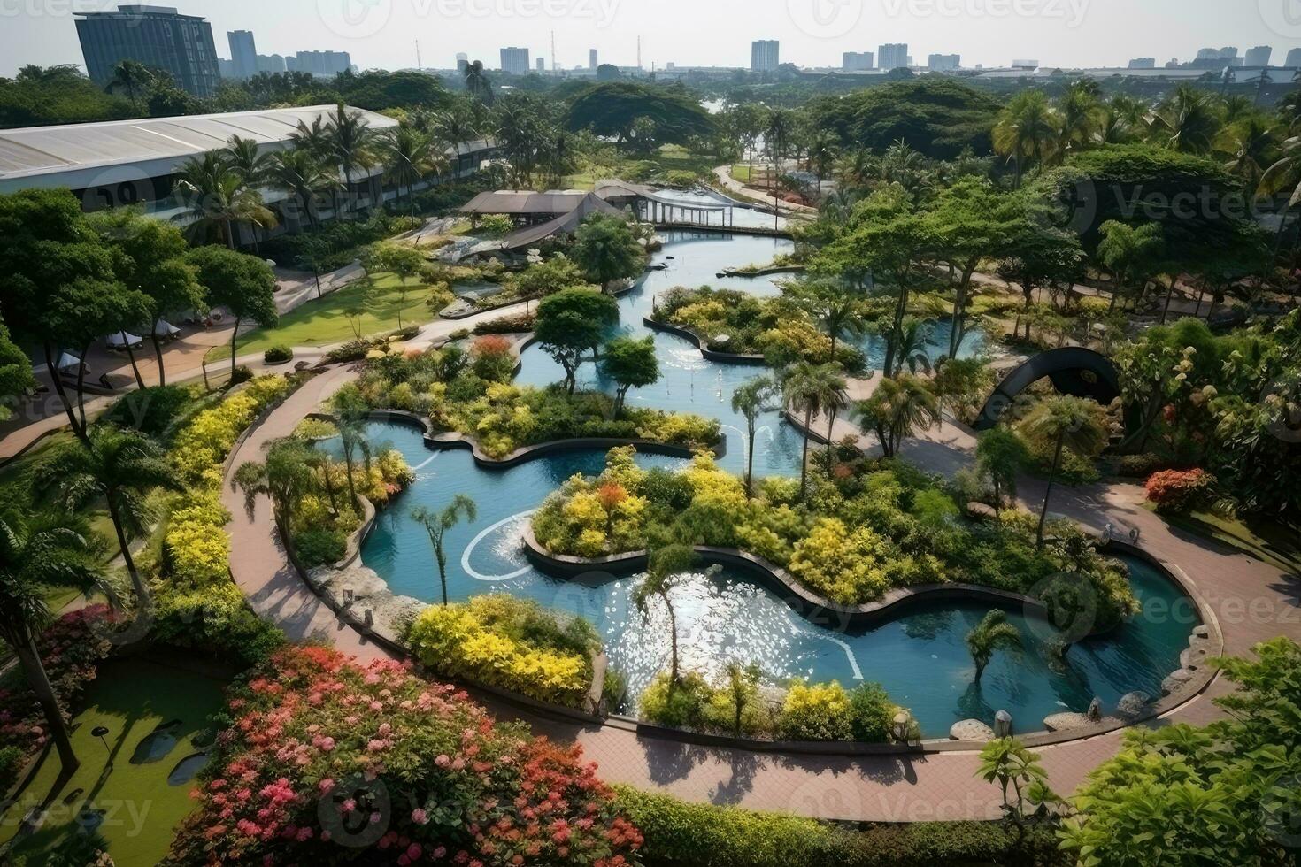 a park in a bustling city with wide open space flower fields AI Generated photo