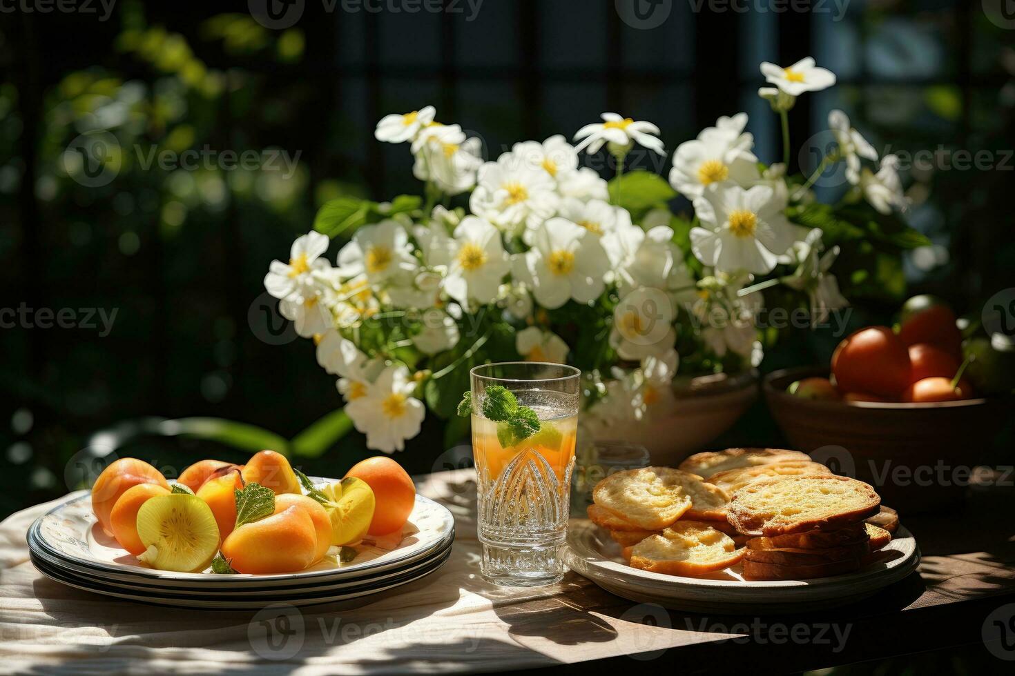 table set for a summer brunch in the garden AI Generated photo
