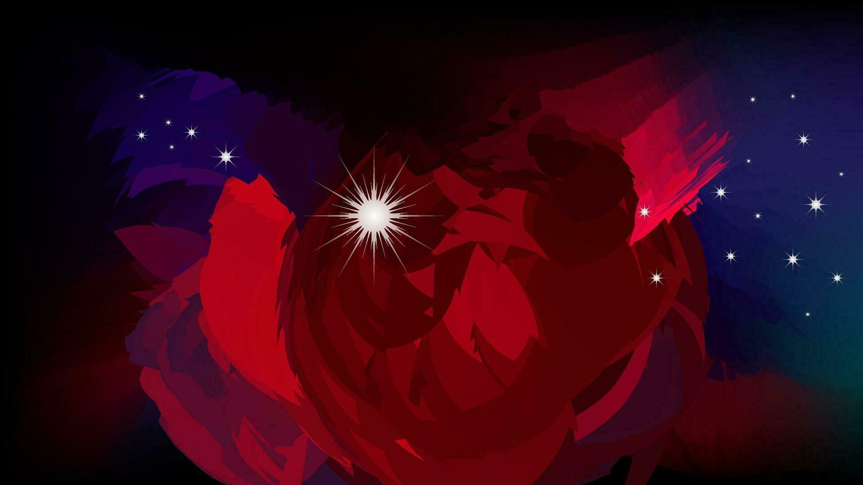 Mountain landscape with blue and red lights. Vector illustration for your design, a red rose with a star in the middle