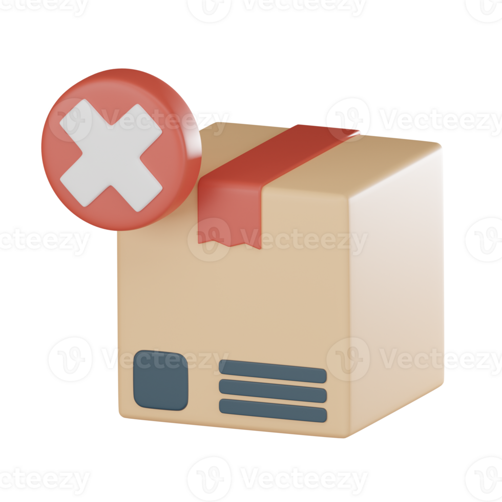 Damaged cardboard package order cross cancel symbol badge logistics inefficiency icon 3D render. png