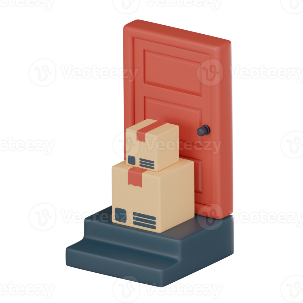 Delivered parcels to door house moving with cardboard boxes home delivery icon 3D render png