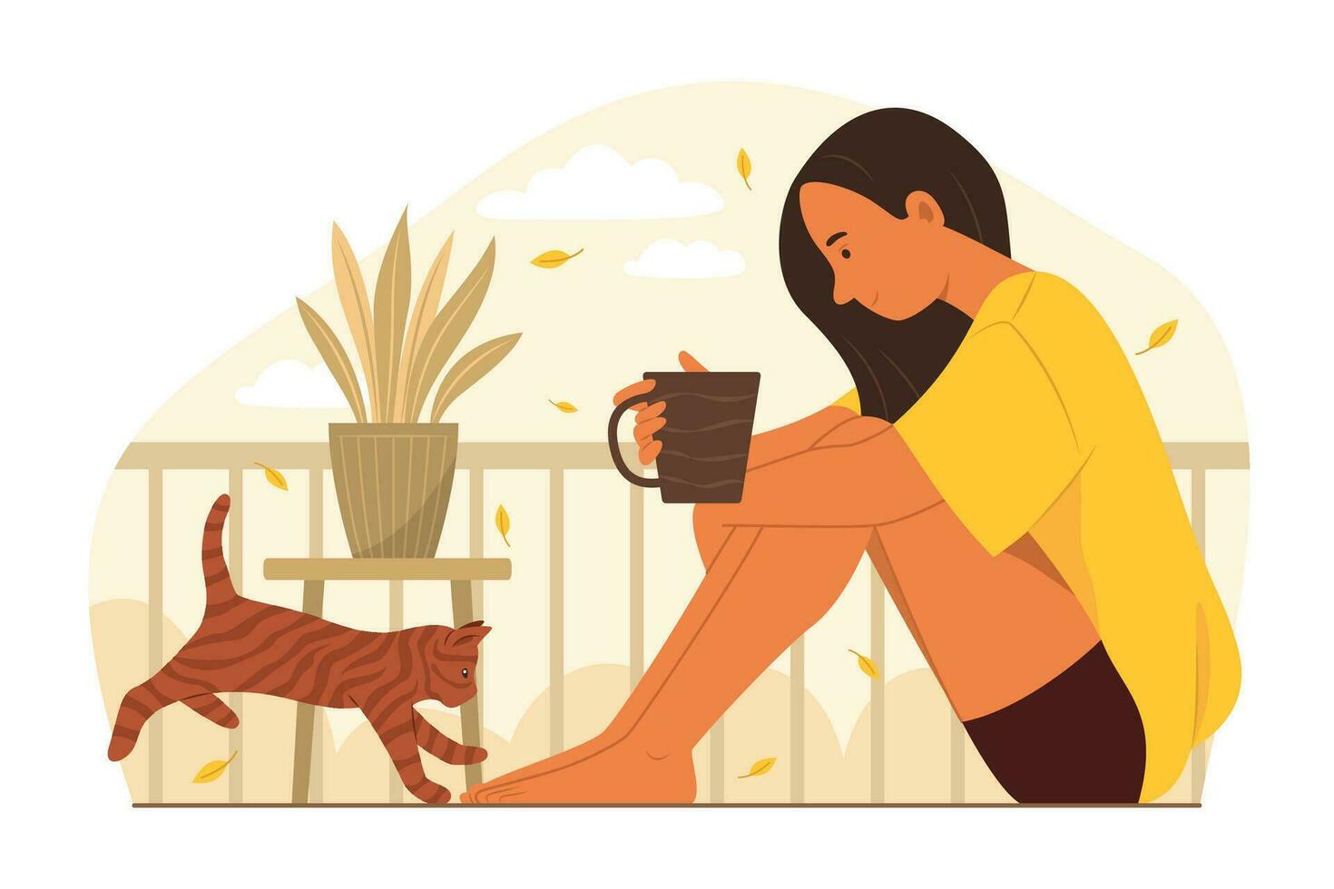 Woman and Cat Relaxing at Terrace vector