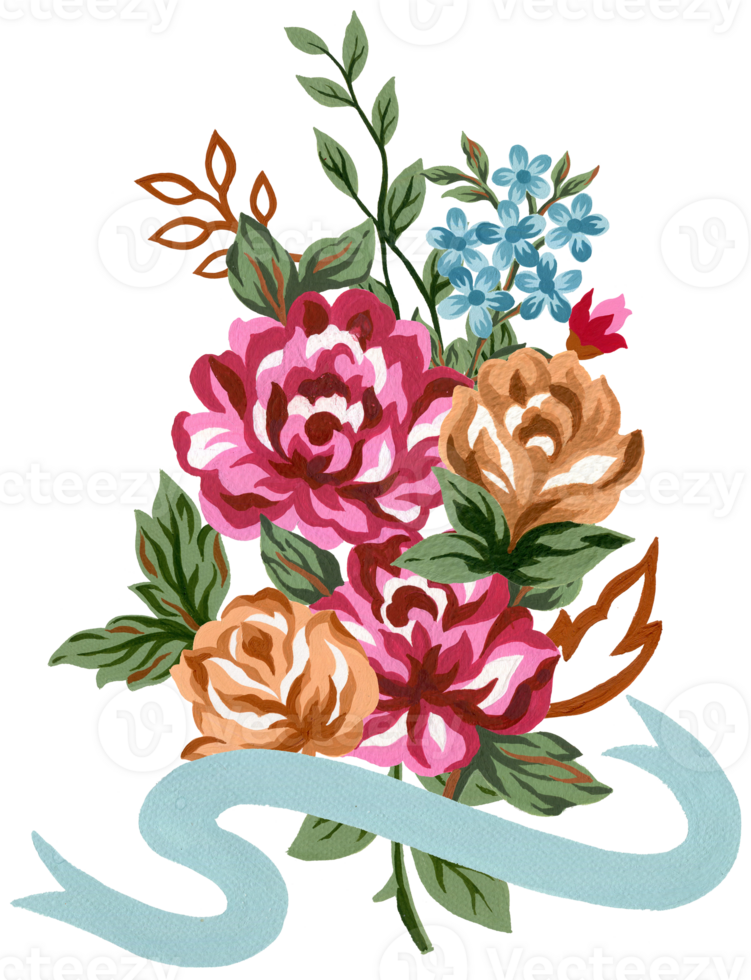 acuarela Clásico floral composición rosado rojo azul naranja marrón y hojas ramo de flores flores y plumas aislado para saludo tarjeta nupcial fiesta png